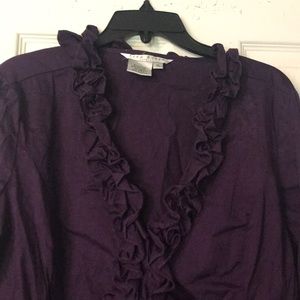 Purple button up with ruffle neck line XL